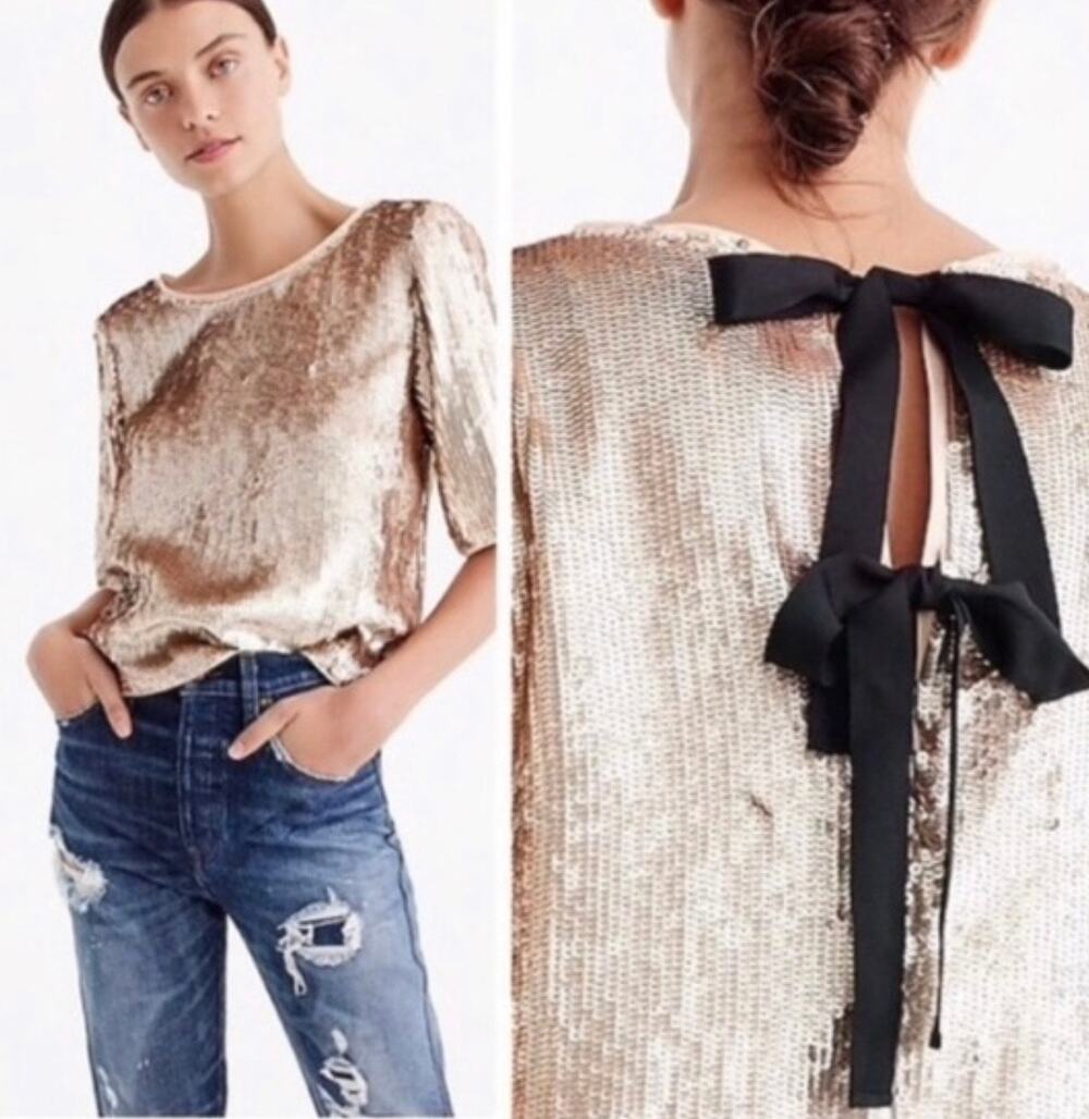 J.Crew Bianca Blush Rose Gold Sequin Ribbon Bow Tie Back Top Blouse Size 00